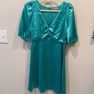 Teal Satin Dress with Ruched Front